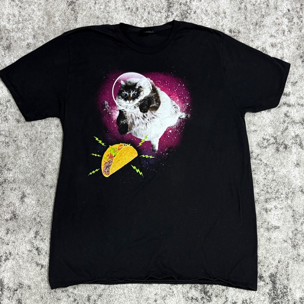 Hanes Black Tee with Cat and Taco Design